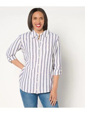 Isaac Mizrahi Women's Top Sz S Striped Button Front Linen Blend Blue A646488